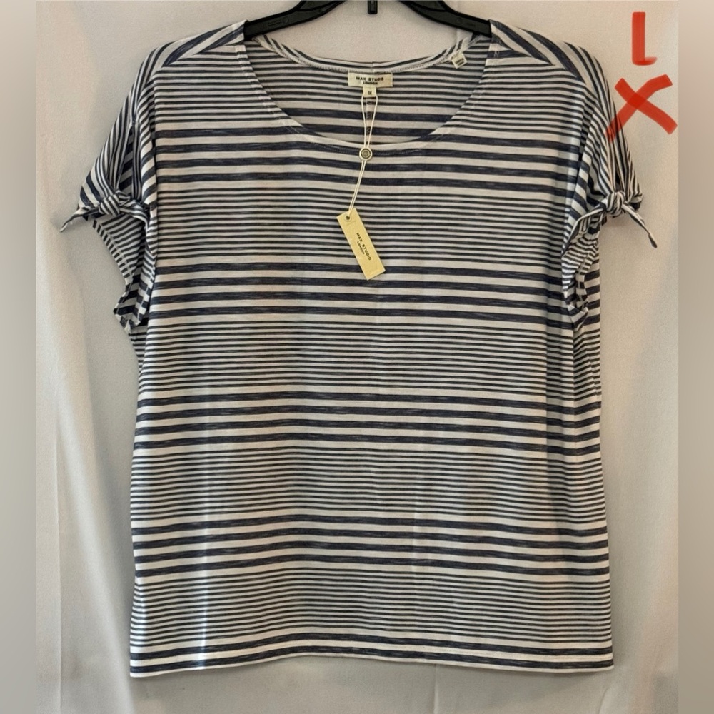 Max Studio Navy and White Striped Short Sleeve Tee